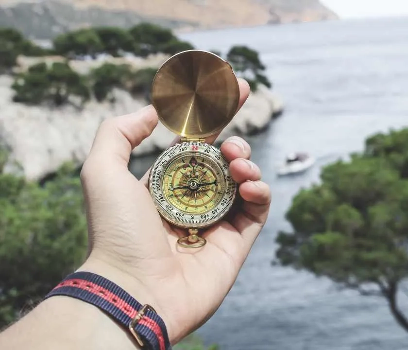 A hand holding a compass against a landscape of trees, cliffs and sea